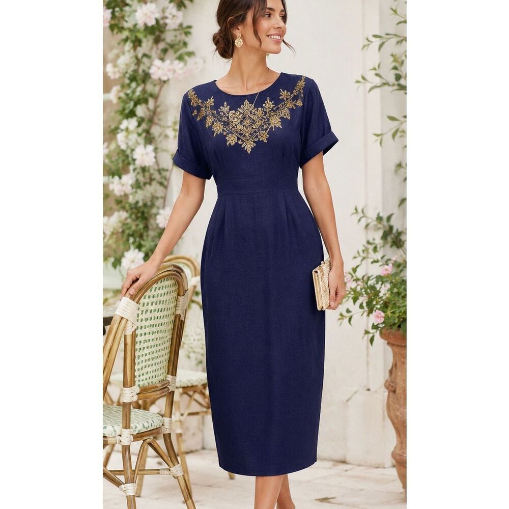 NWT Bright & Beautiful Navy Embroidered Midi Sheath Dress Gold Floral Neckline X